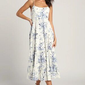 Lulu's Mykonos Mood Ivory Floral Print Tie-Strap Tiered Midi Dress XS
